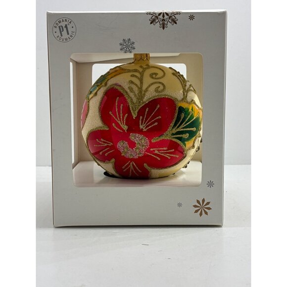 Pier 1 European Glass Ornament With Red Floral & Gold Glitter Design
